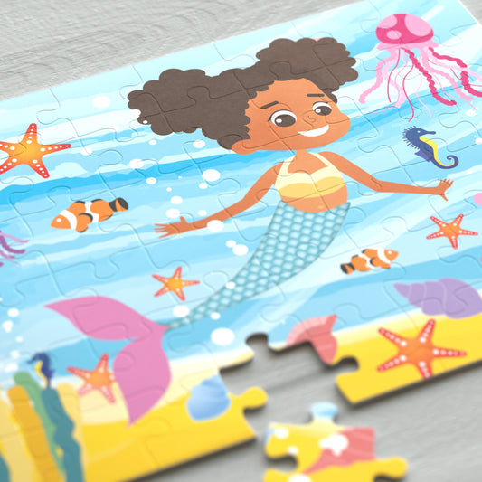 Black mermaid jigsaw puzzle with afro hair. 10% discount for Black History Month