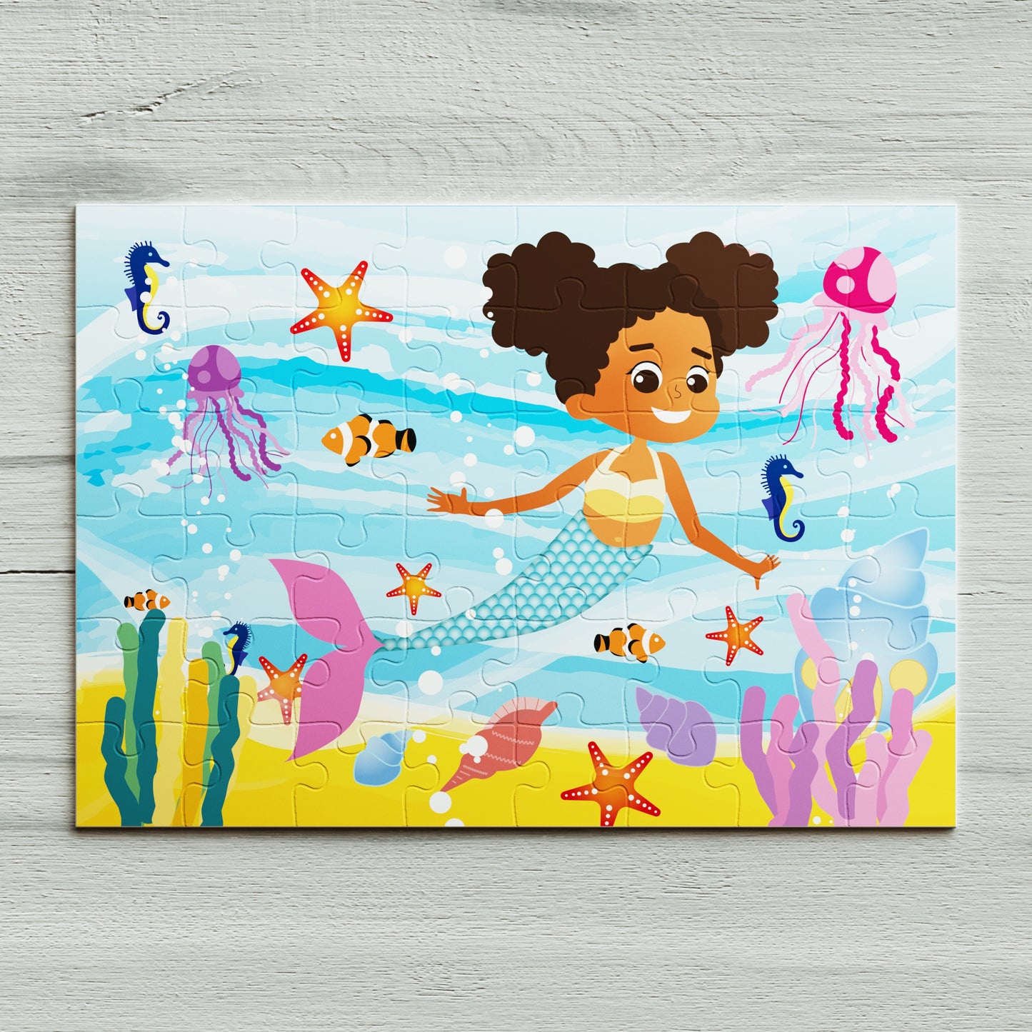 Kids mermaid jigsaw puzzle birthday gift. Smiling black mermaid with afro hair